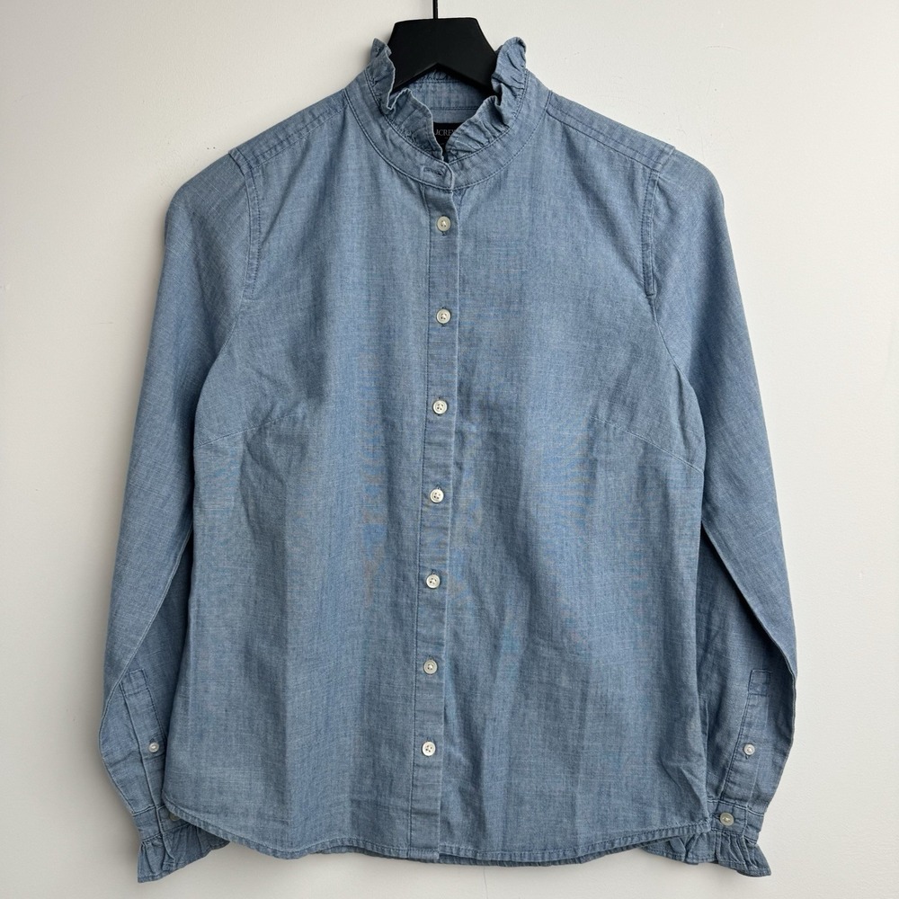 J.Crew Chambray Ruffle Button Down Shirt Womens XS Blue Denim Preppy Coastal